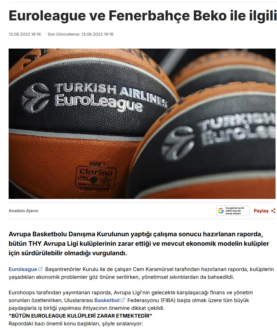 Euroleague ve Fenerbahçe Beko ile ilgili mali analiz